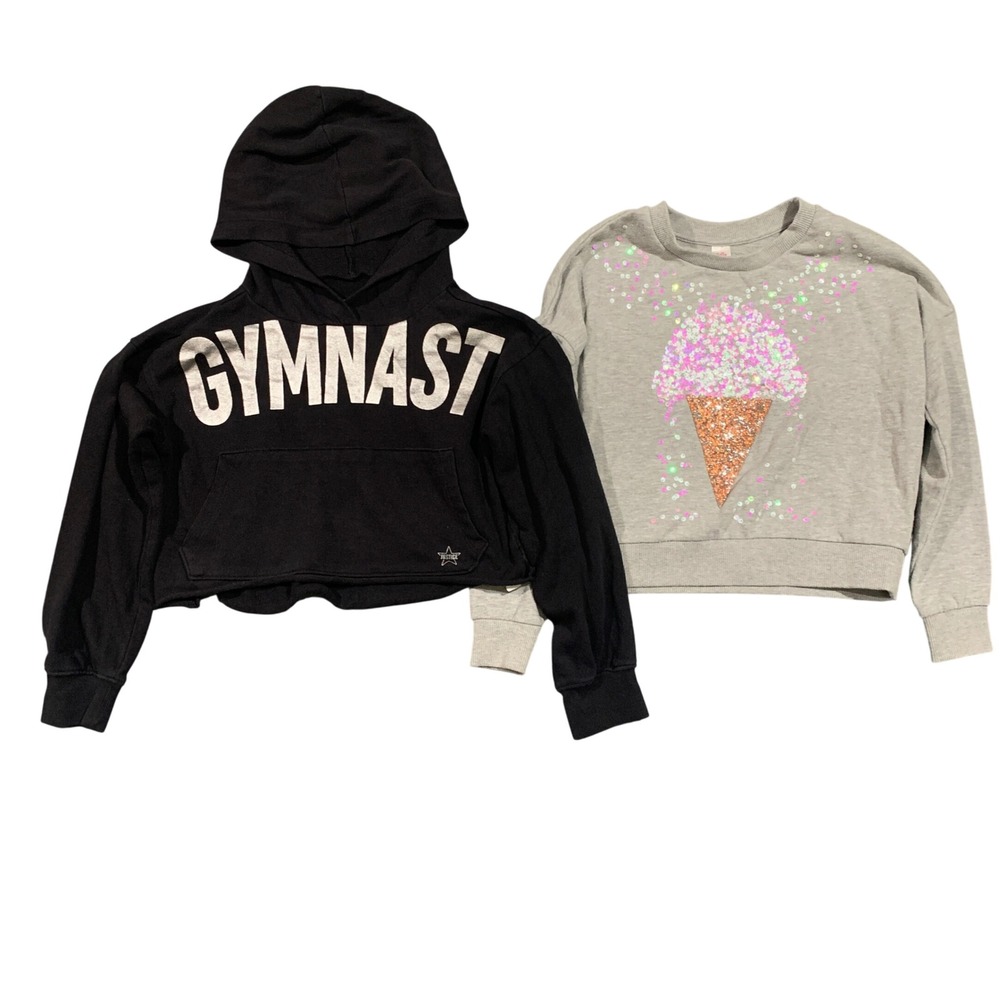 Justice Girls Size 10 Gray Ice Cream‎ Sweatshirt & Black Gymnast Hoodie Set
